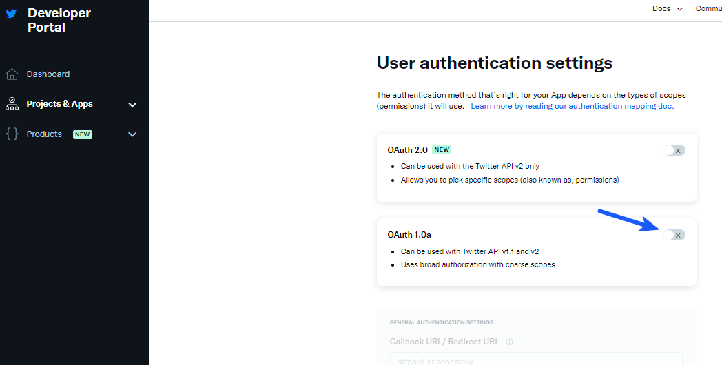 Twitter API Key - User Twitter Authentication Settings