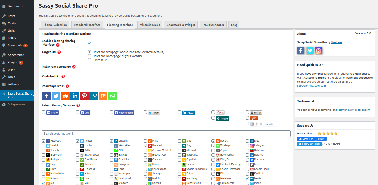 Configure Sassy Social Share Pro - Floating Interface