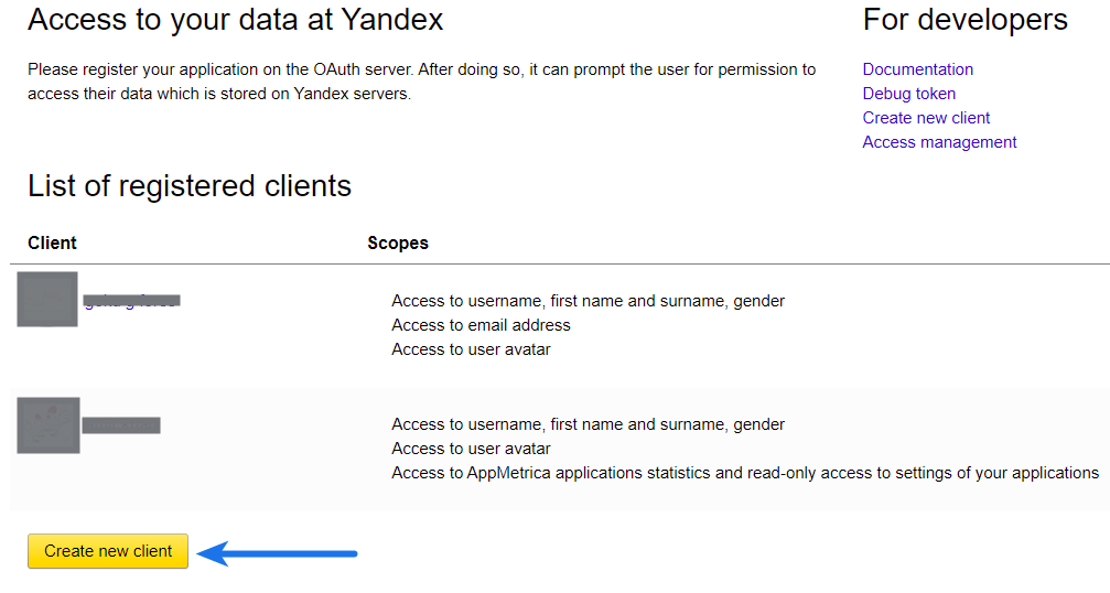 Yandex Client ID - Create New Client